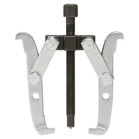 Werkzeug mit zwei Greifarmen und einer Gewindespindel, silber-schwarz, zum Entfernen von Teilen.